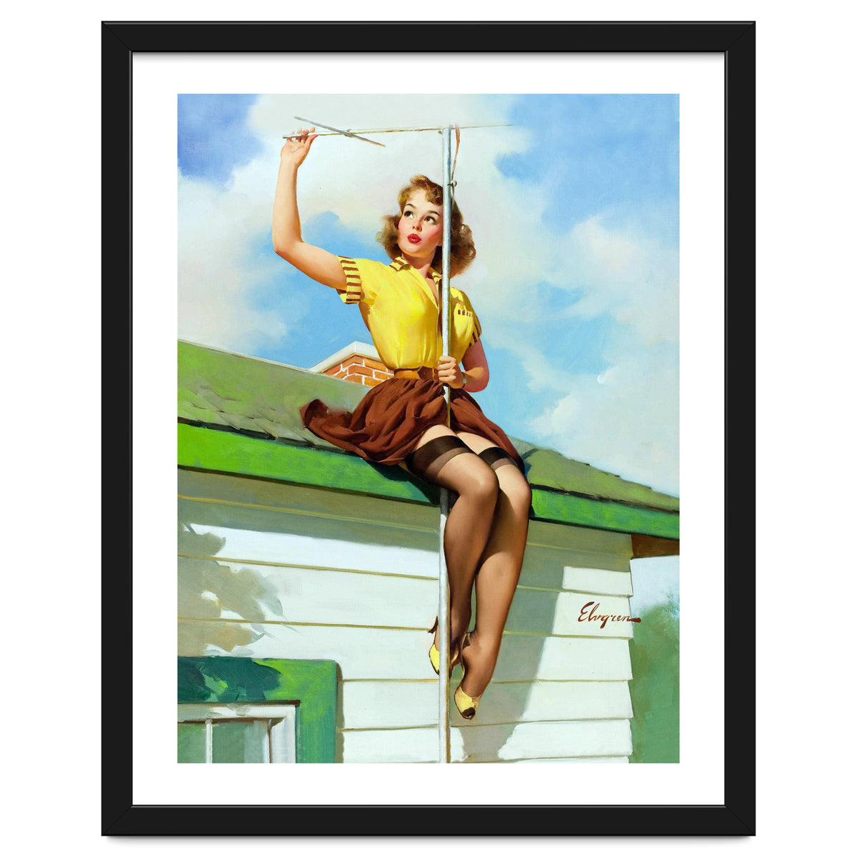 Pinup Sexy Girl Setting Up The Antenna On The Roof