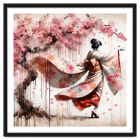 Geisha Under Cherry Blossoms In Motion