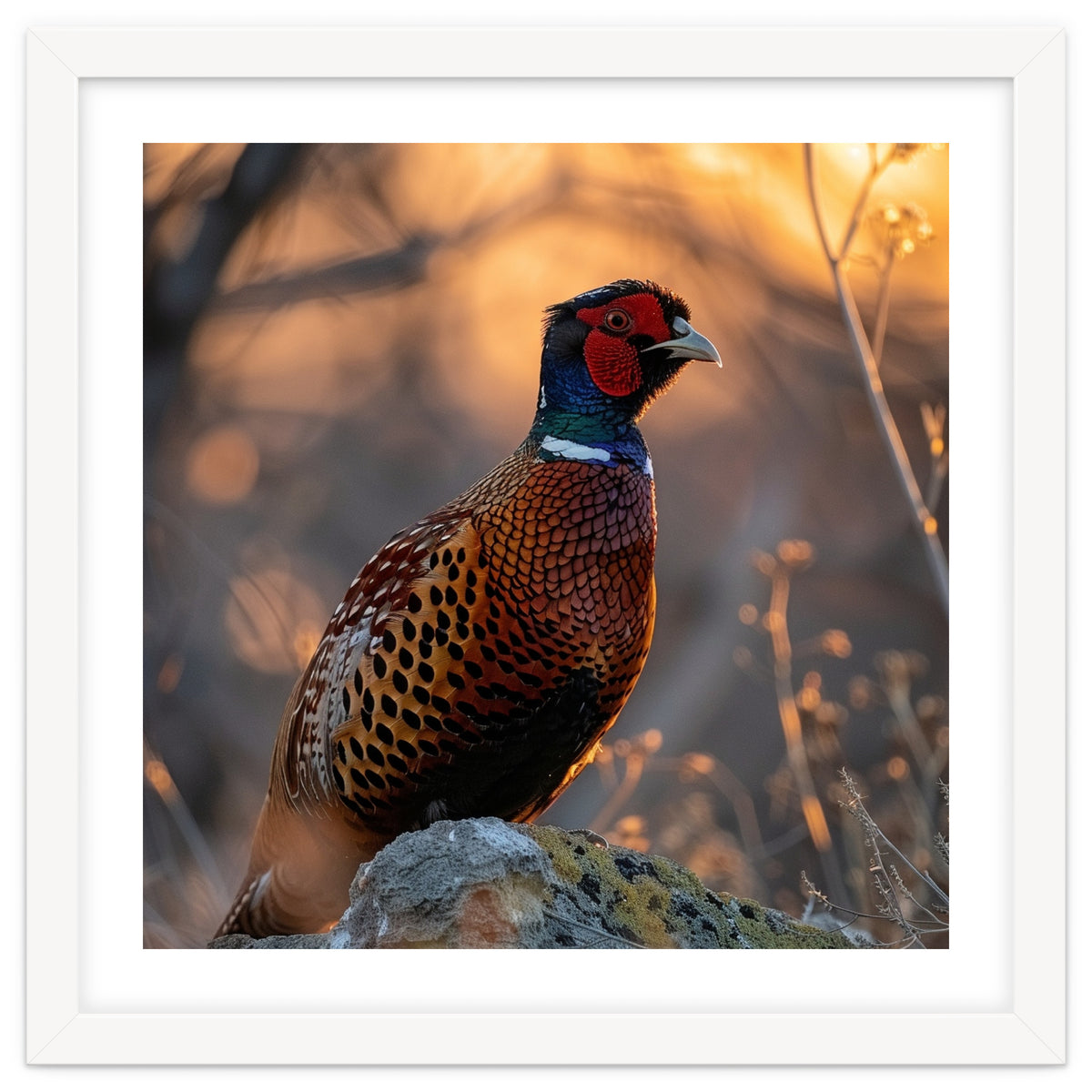 Pheasant Bird Standing On Rock Sunrise Light