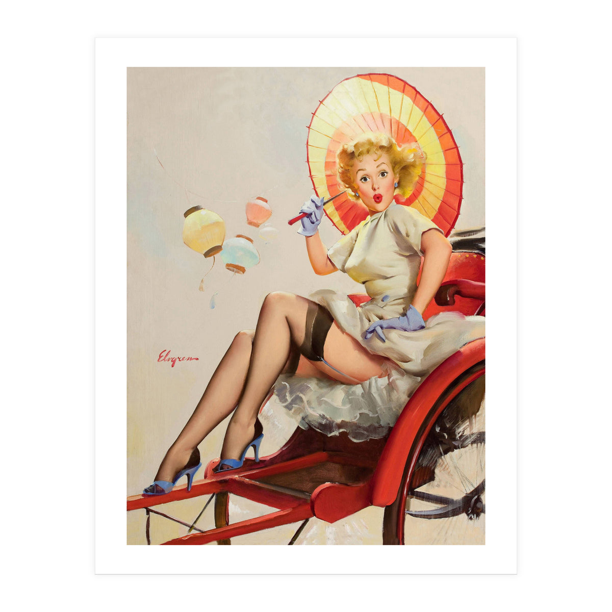 Pinup Girl In Rickshaw Experiencing Sudden Wind (Print Only)