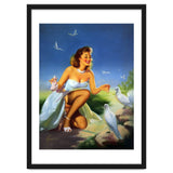 Beautiful Pinup Girl Feeding White Pigeons thumbnail