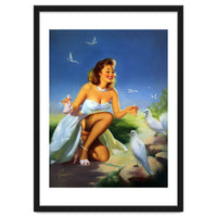 Beautiful Pinup Girl Feeding White Pigeons