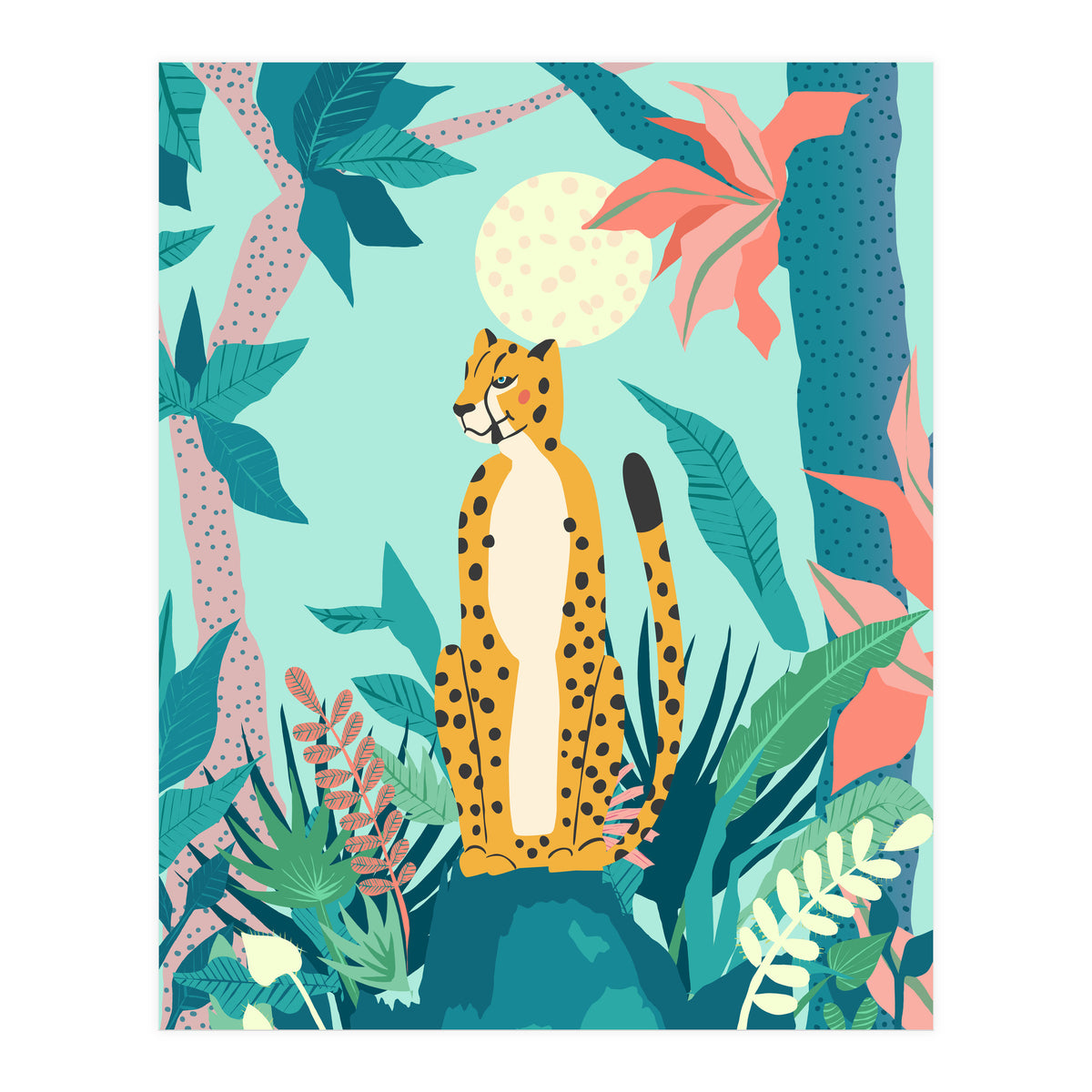 Leopard Forest, Pastel Tropical Jungle Nature Botanical, Moon Eclectic Colorful Wild Animals Boho (Print Only)