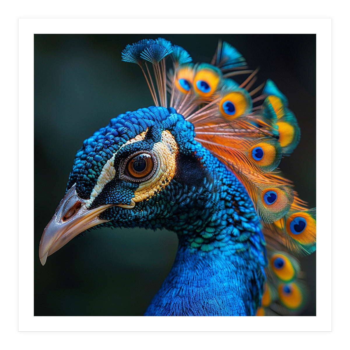 Peacock Bird Portrait Detailed Feathers Vibrant Colors (Print Only)