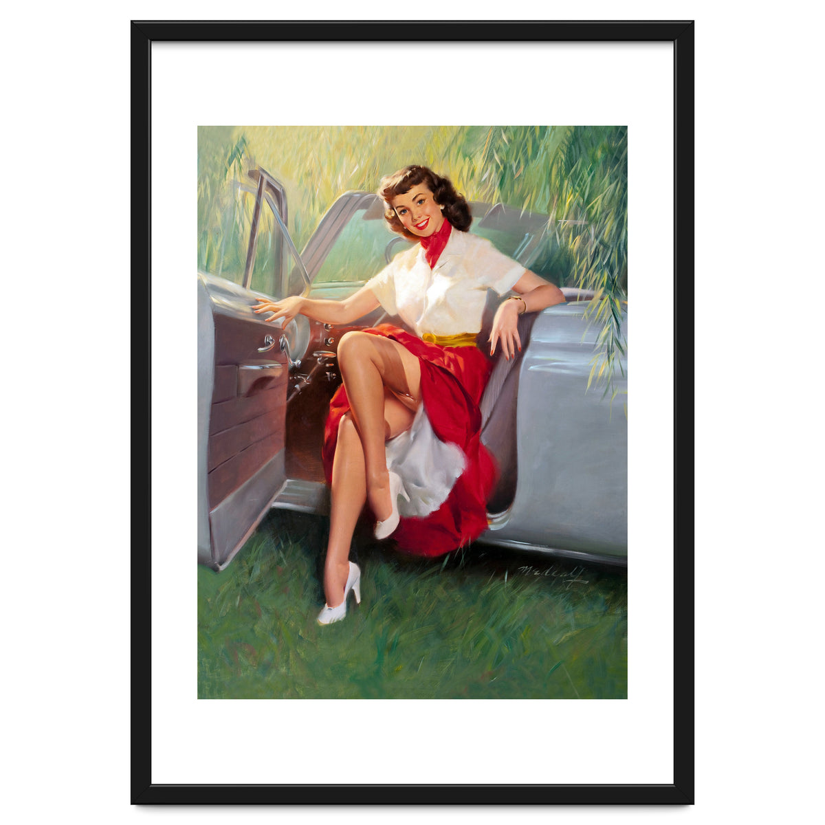 Sexy Pinup Woman Posing In Convertible Car