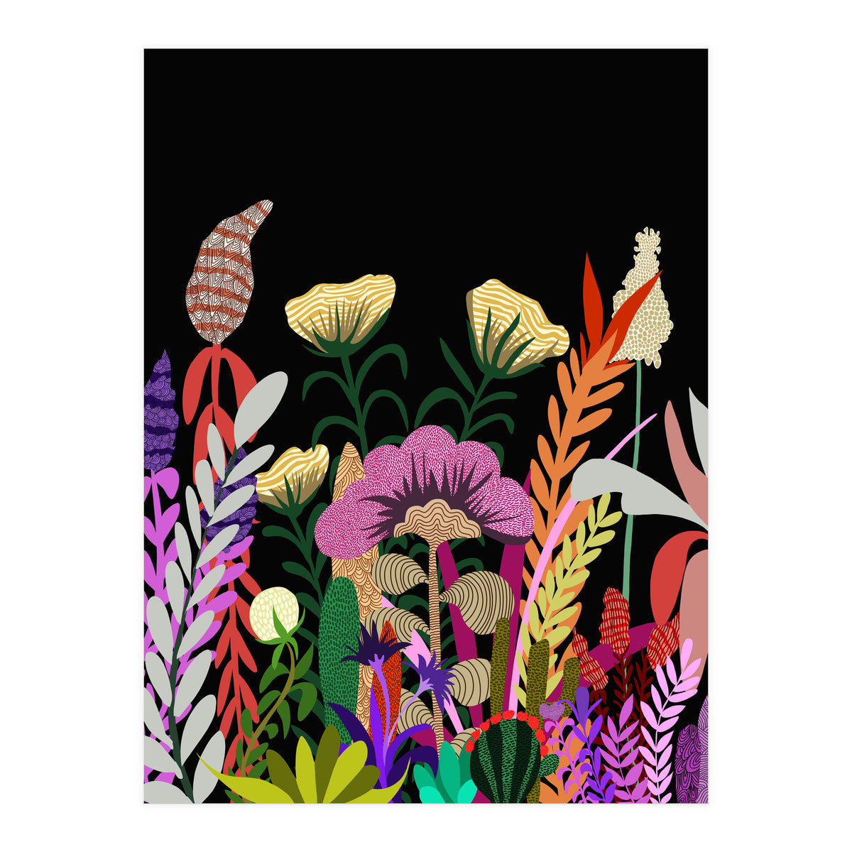 Dark Garden, Eclectic Bold Floral Botanical Nature, Colorful Mystery Bohemian Flowers Plants (Print Only)