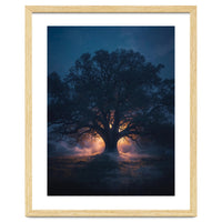 Ancient Mystical Oak Silhouette at Twilight with Ethereal Wisps
