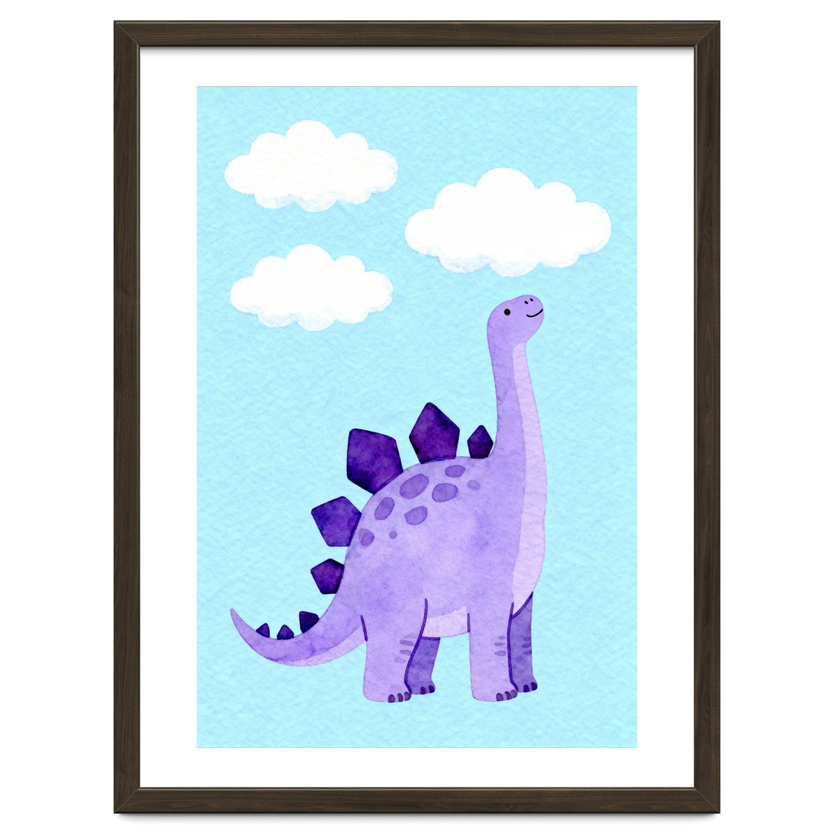 Purple Stegosaurus Watercolor Art, Cute Dinosaur Nursery Print, Dino and Clouds Illustration