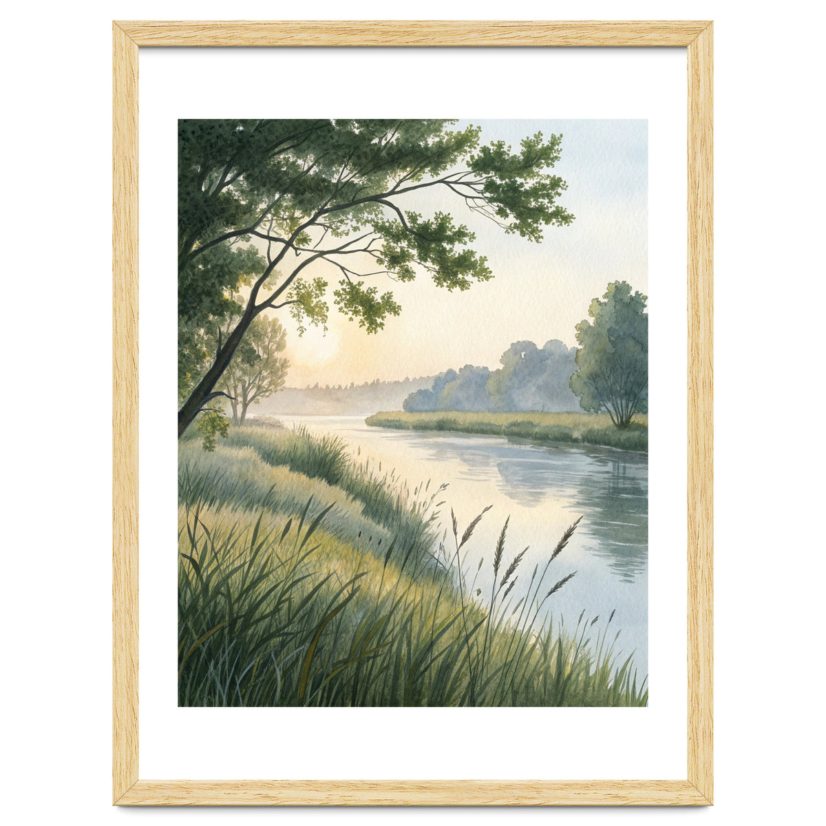Serene River Sunrise Watercolor Painting with Meadow Grasses and Warm Golden Atmosphere Landscape