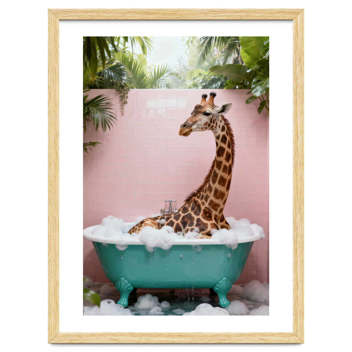 Giraffe in Bathtub, Whimsical Bathroom Art