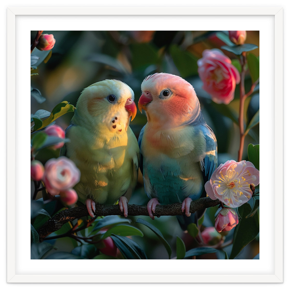 Two Lovebirds Perched On A Branch Near Flowers