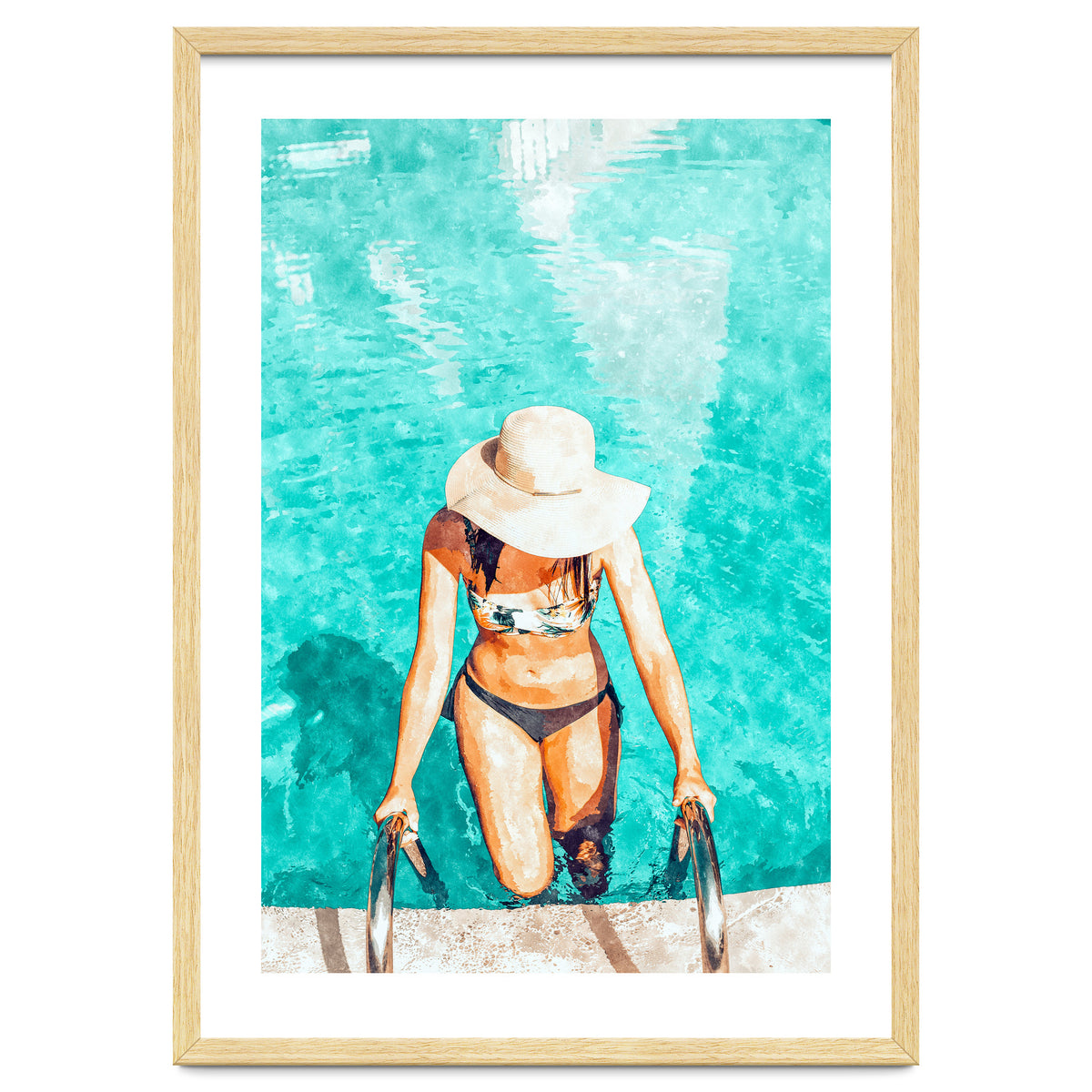 Pool Fashion | Modern Bohemian Woman Swim Watercolor Painting | Contemporary Travel
