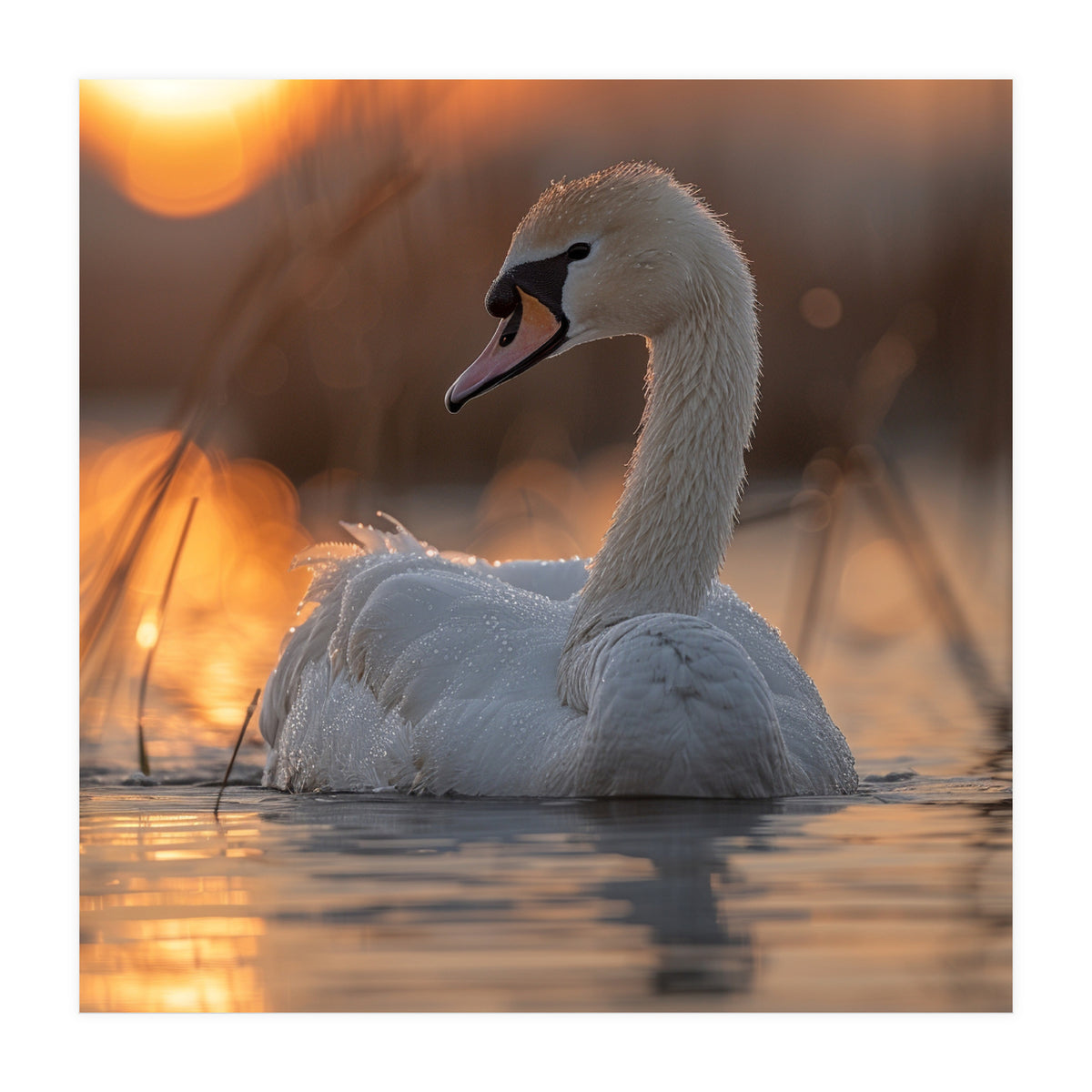 Majestic Swan Swimming At Sunrise Serene Water (Print Only)