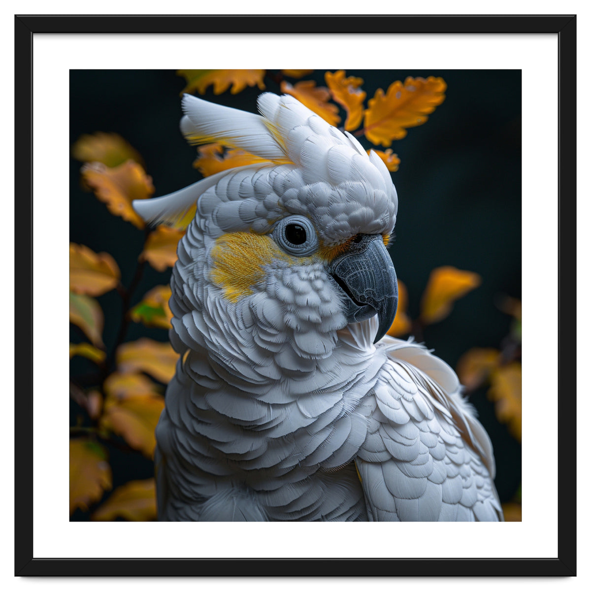 Yellow Crested Cockatoo Portrait Autumn Leaves Dark