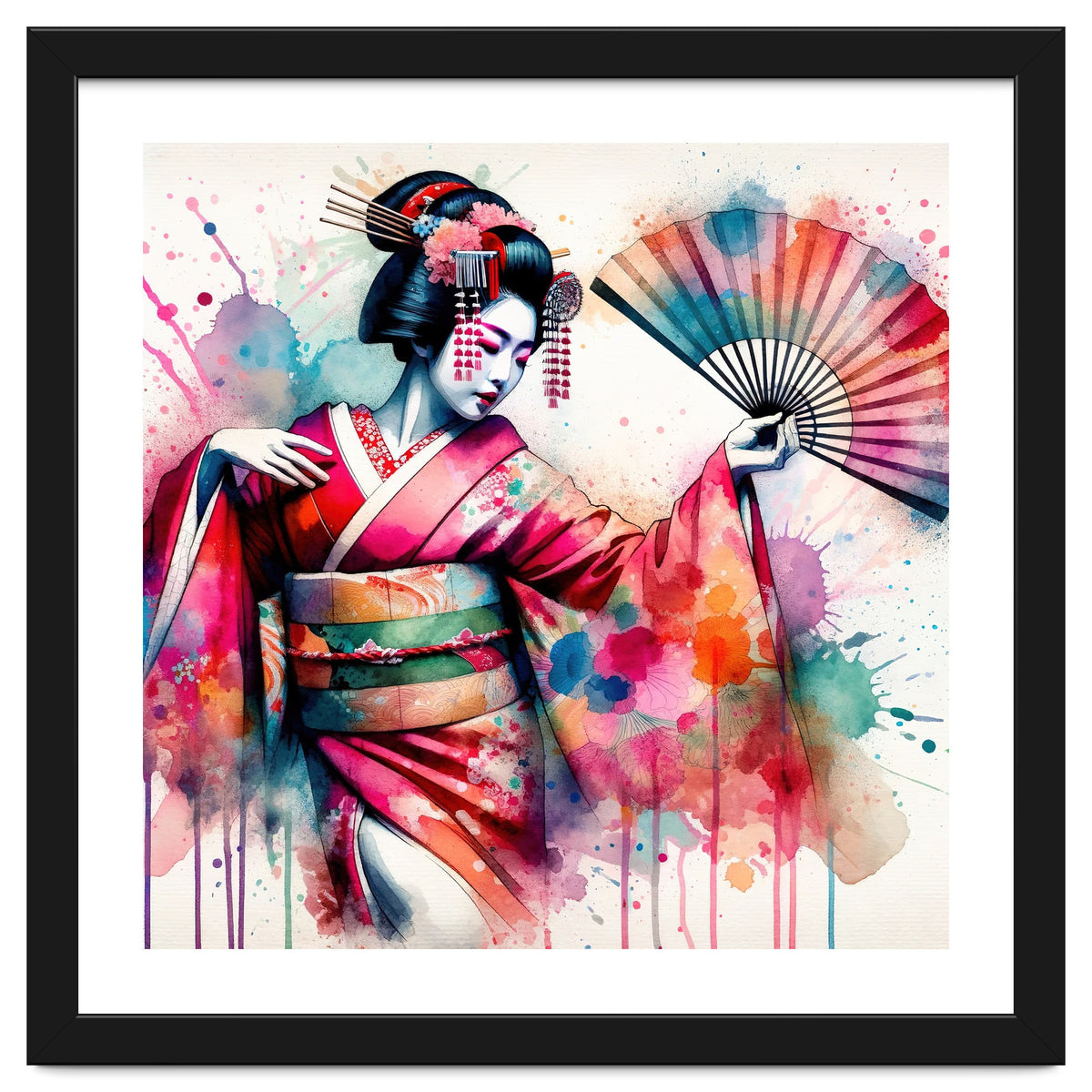 Vibrant Geisha With Rainbow Hand Fan
