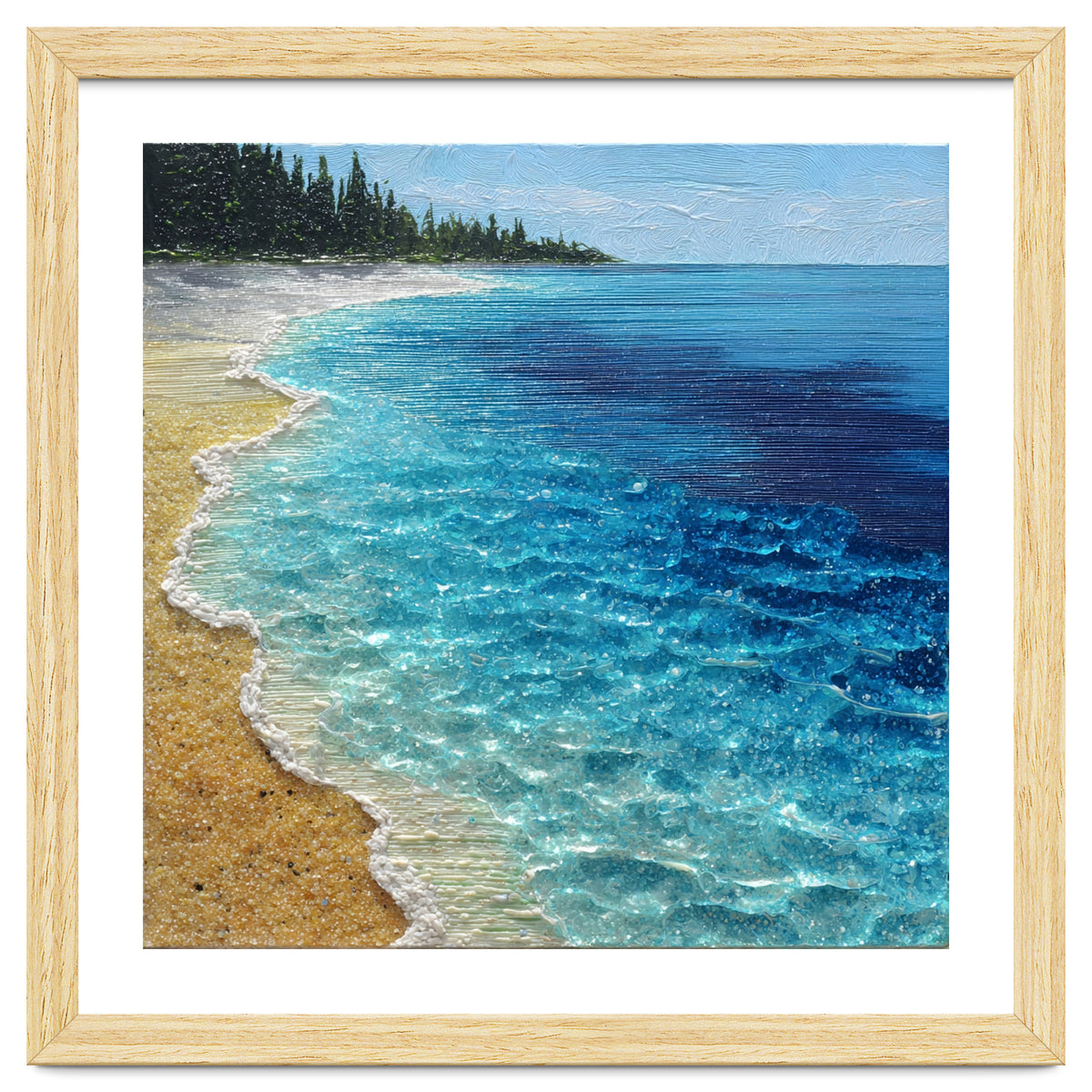 Sun-Drenched Coastal Shoreline with Textured Impasto Waves