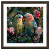 Two Lovebirds Perched On A Branch Near Flowers thumbnail