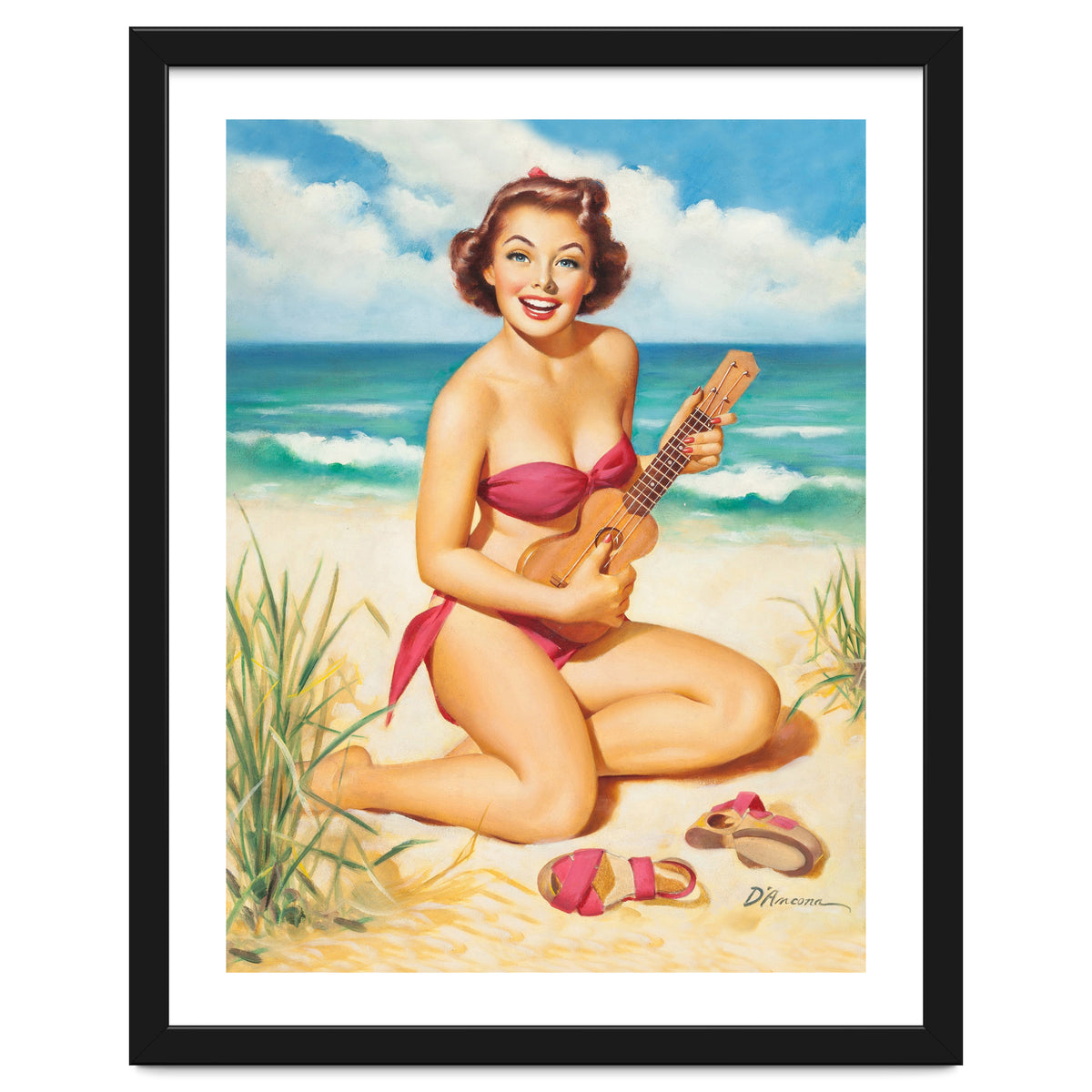 Pinup Girl Playing Ukulele On The Beach