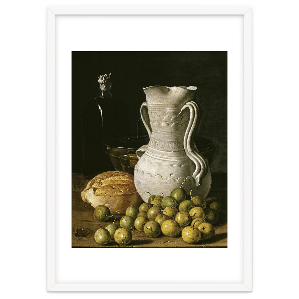 Luis Egidio Meléndez: 'Still Life with Small Pears, Bread, White Pitcher, Glass Bottle, and.., 1760.