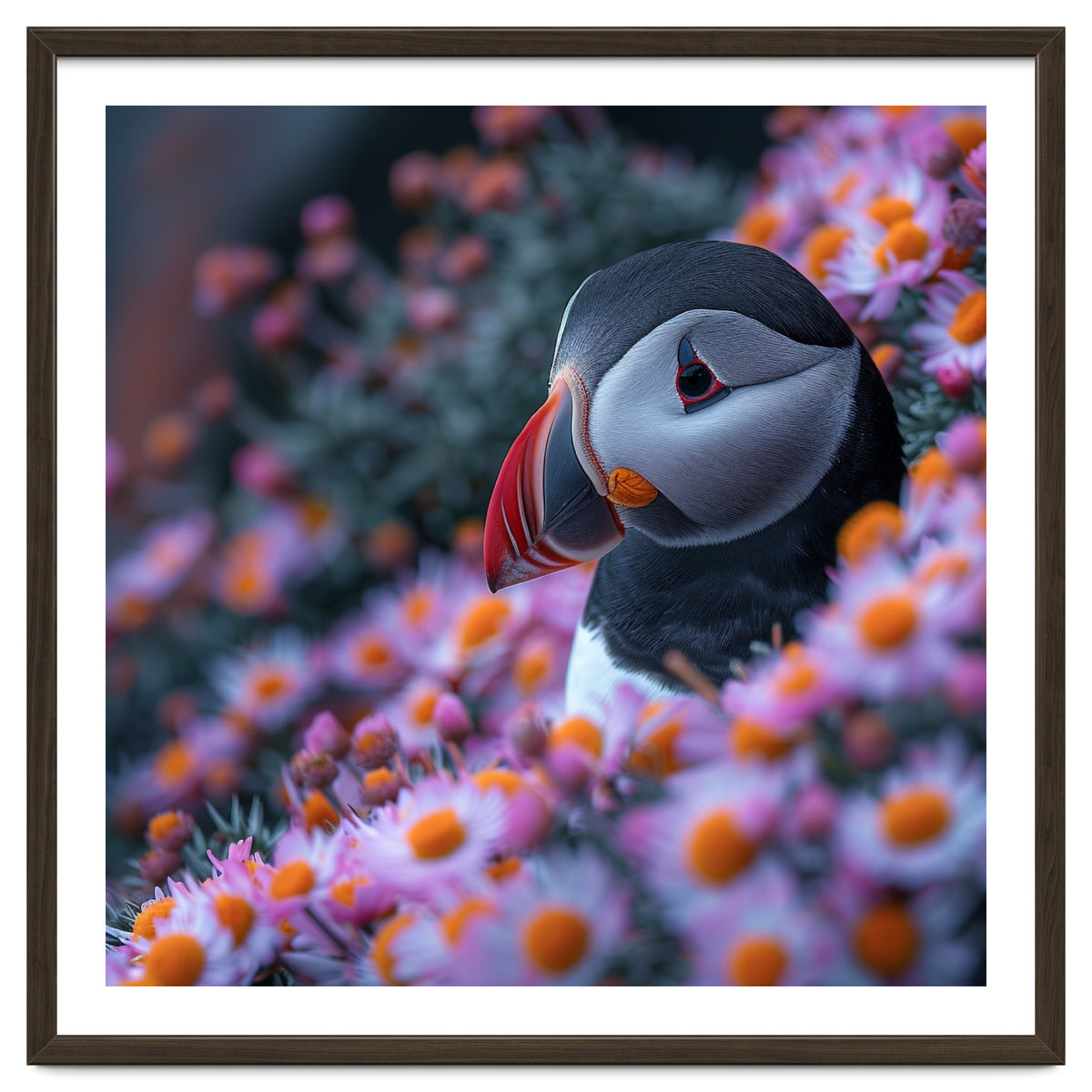 Puffin Bird Among Pink Flowers