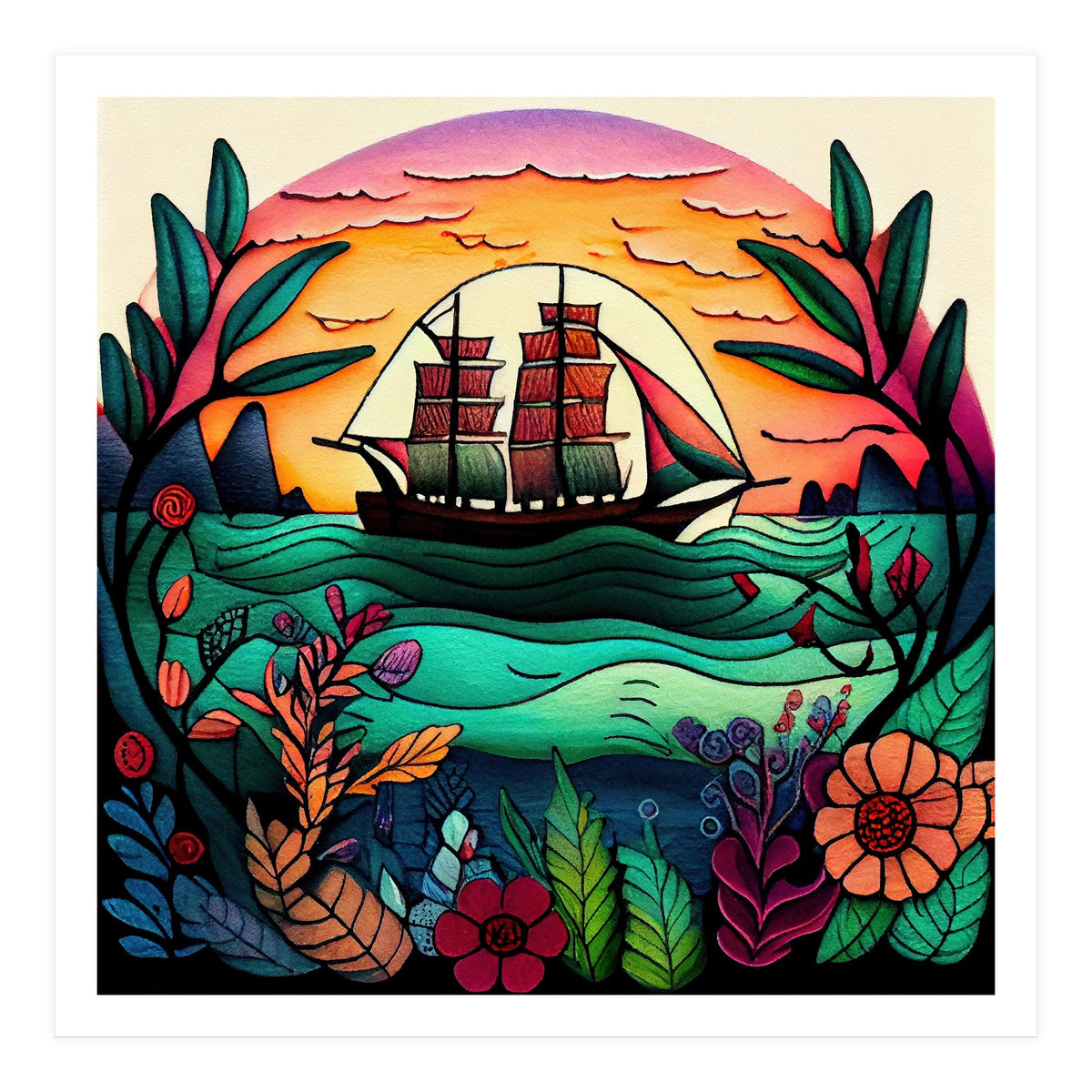 Folk Sunset Sailing Ship (Print Only)