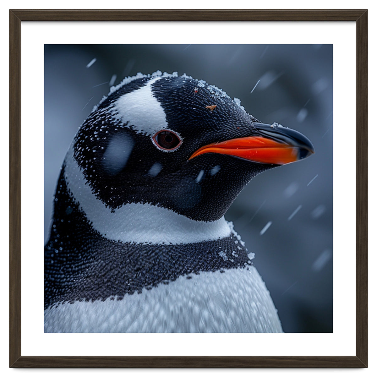 Close Up Penguin Portrait In Snowy Weather