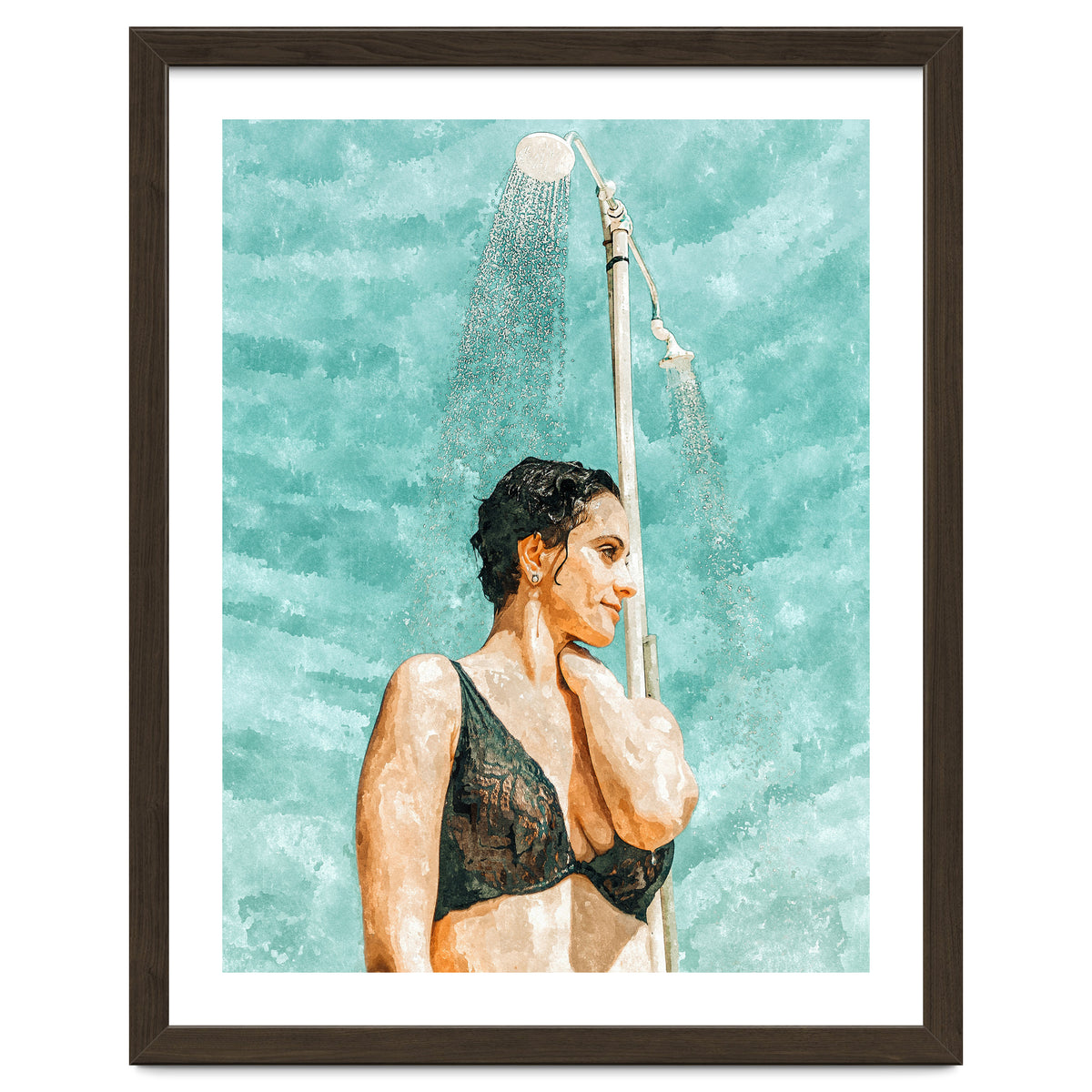 Bathe | Woman Pool Shower | Summer Swim Watercolor Painting | Brunette Bikini Boho Fashion