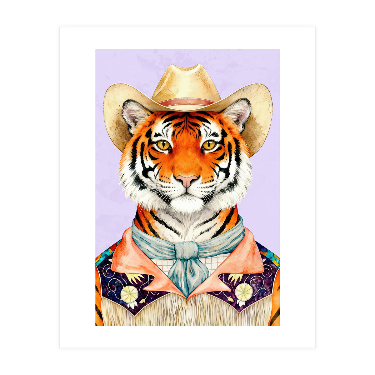Tiger Portrait in Hat Wild Cowboy Fashion  (Print Only)