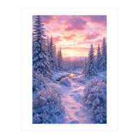 Winter Sunset Glow: Serene Snowy Forest and Frozen Creek (Print Only)