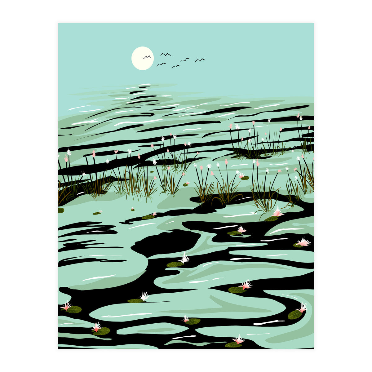 Dreamy Lake, Pastel Nature Botanical Jungle Landscape, Travel Pond Forest Plants Bohemian, Eclectic Scenic (Print Only)