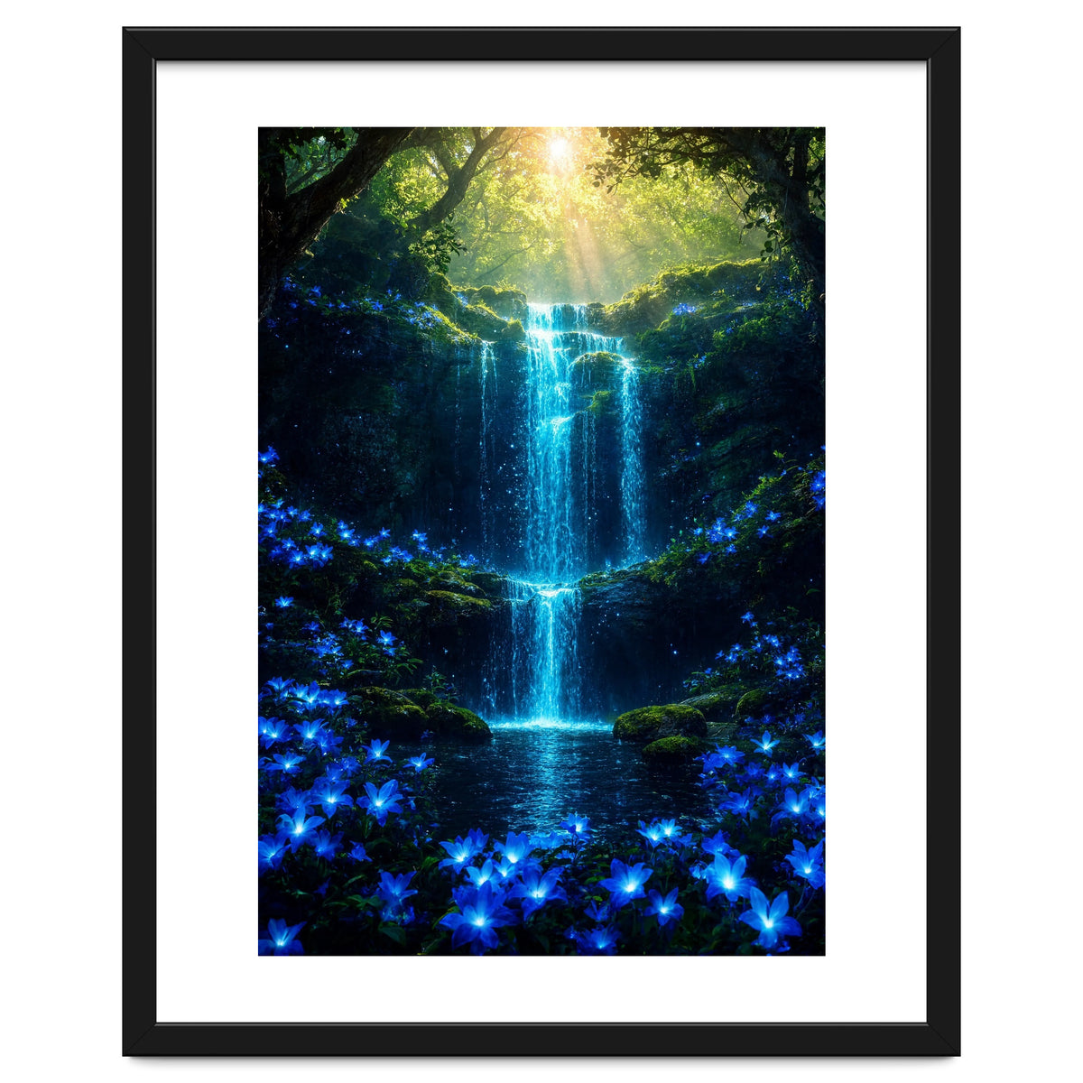 Ethereal Blue Waterfall: Magical Forest Oasis