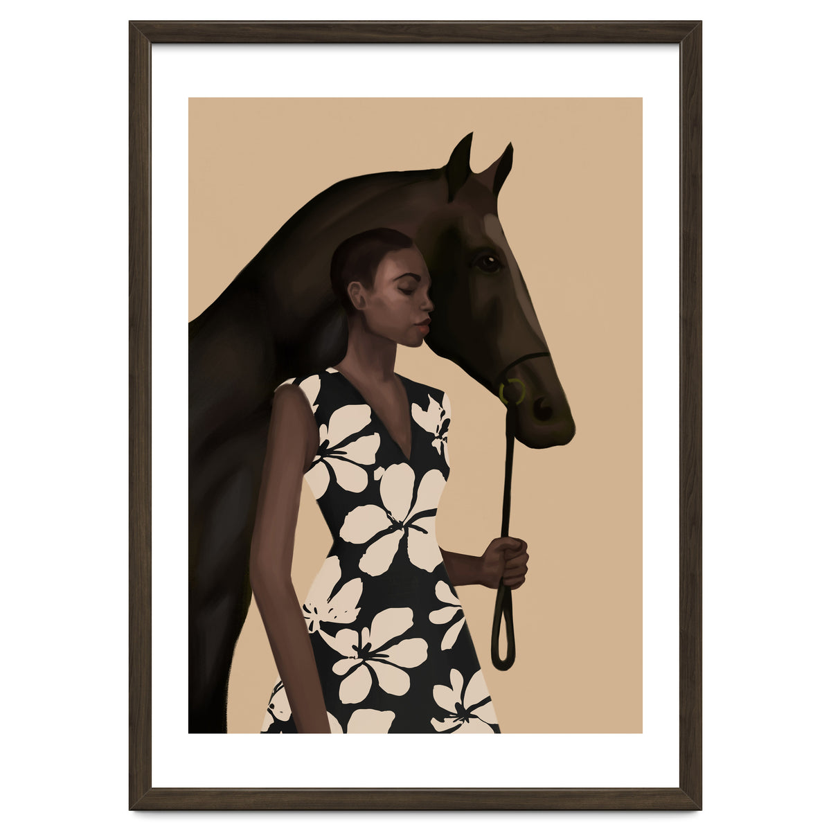 Woman In Bold Print With Black Horse