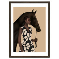Woman In Bold Print With Black Horse