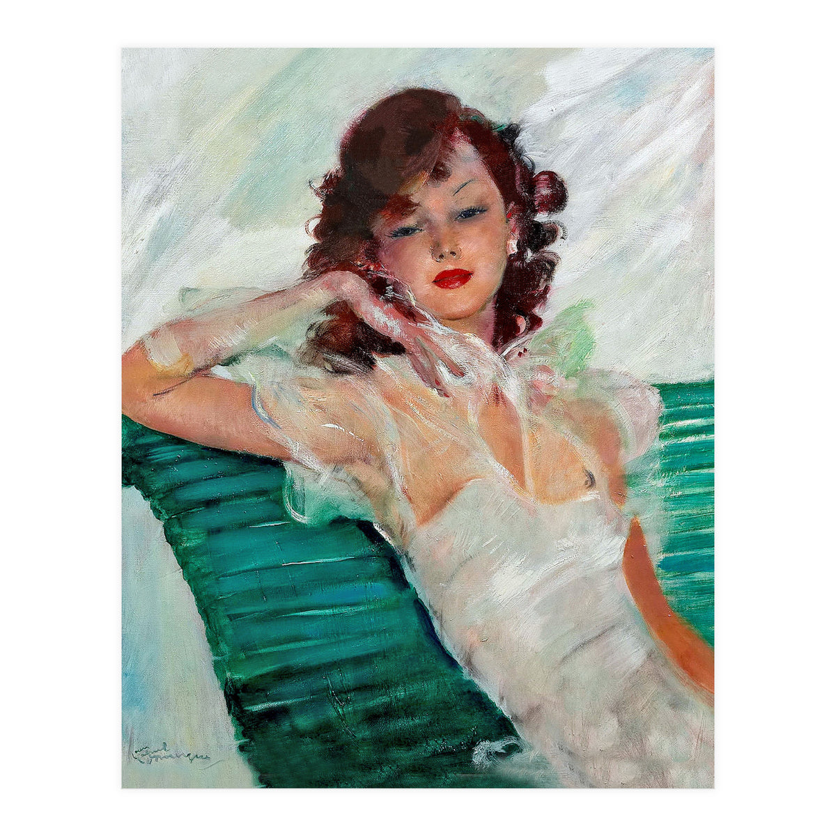 Girl Is Resting On A Green Bench, Watercolor Painting (Print Only)