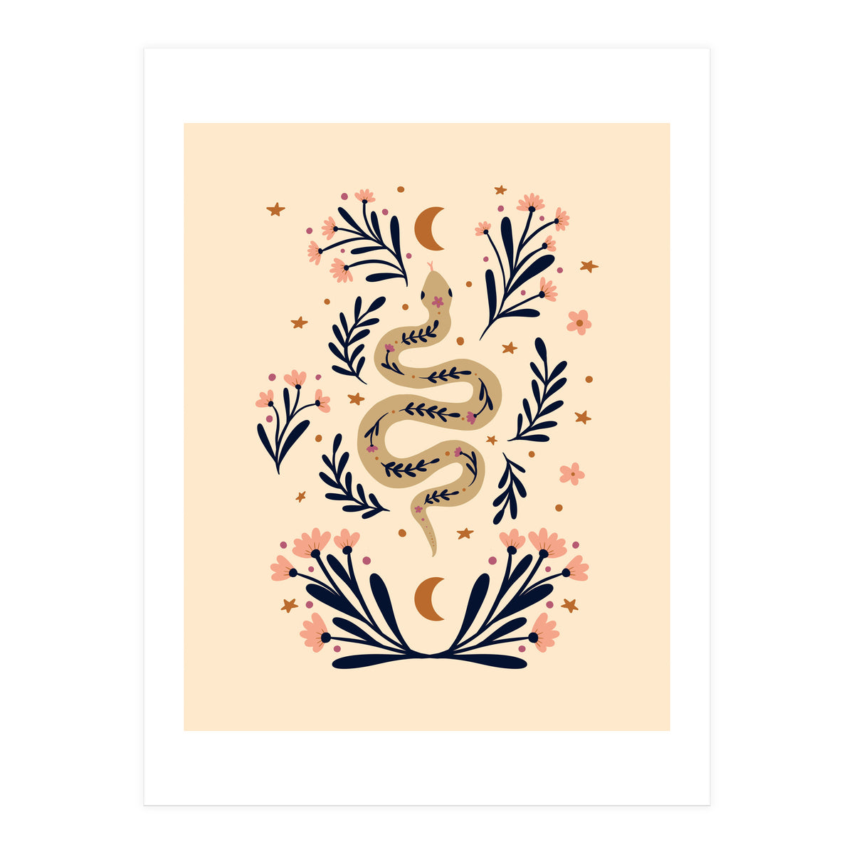 Snake And Flowers Beige And Indigo (Print Only)