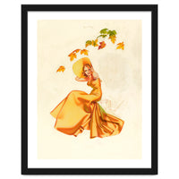 Woman Posing In Yellow Dress And Autumn Leafs