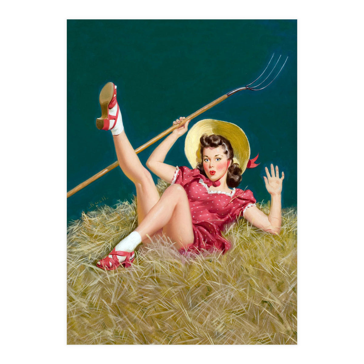 Pinup Sexy Girl Posing On A Hay With A Pitchfork (Print Only)