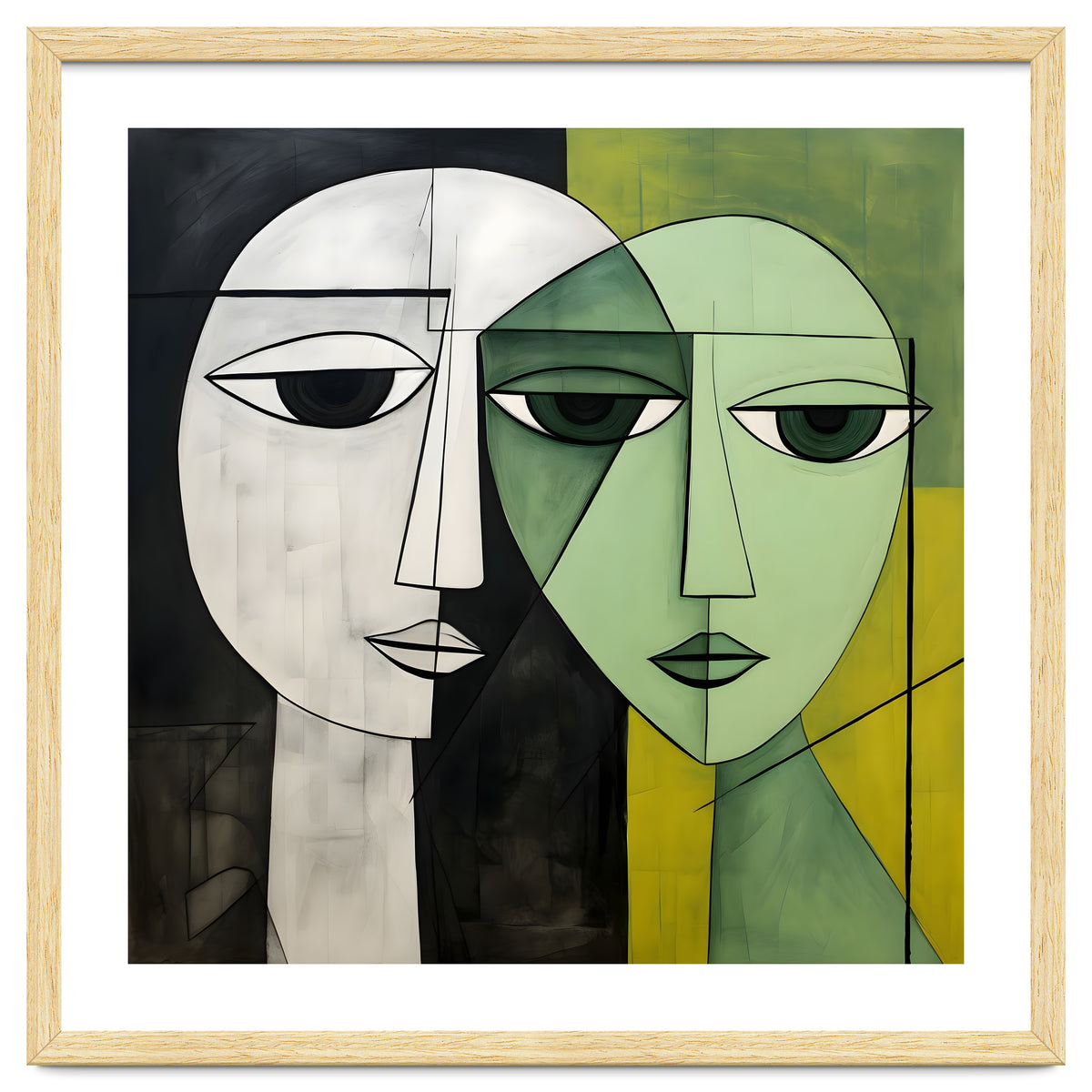 DYNAMIC FUSION, Two abstract heads converge - vibrant green tones intertwine with cool grey hues, a dance of contrast and connection.