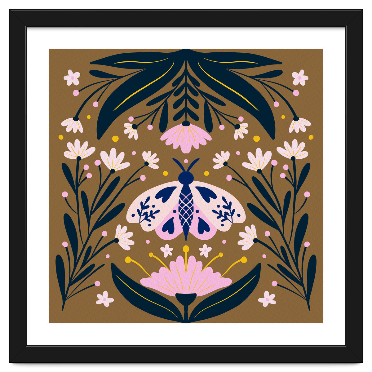 Pink Moth with Flowers on a brown background