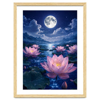 Moonlit Lotus Pond: Serene Nighttime Floral Landscape
