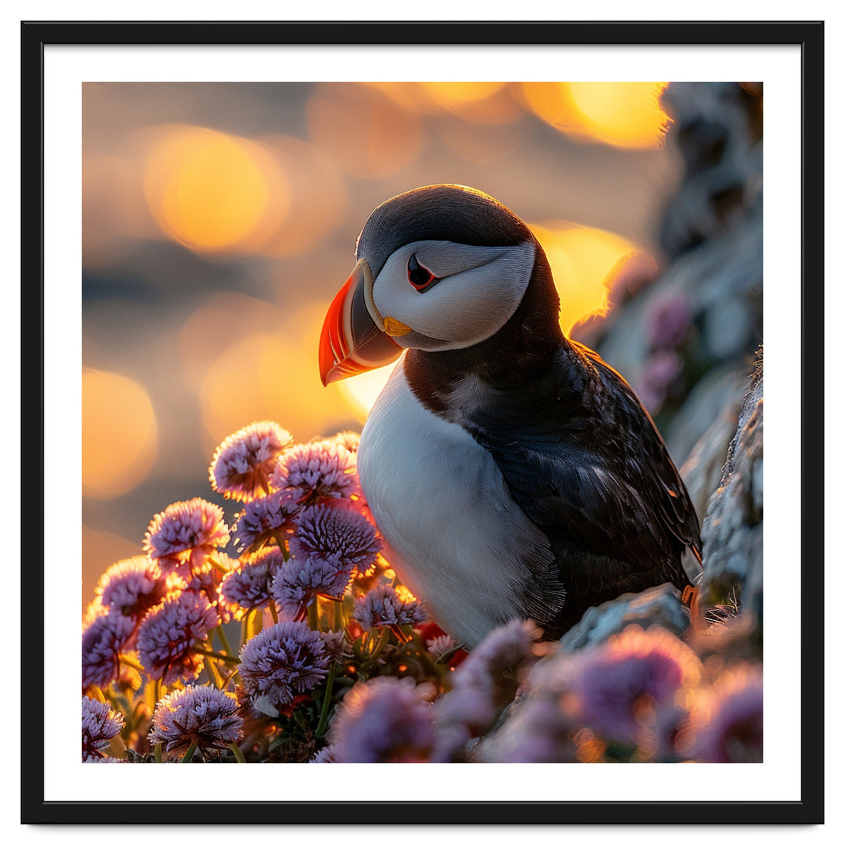 Puffin Bird Amidst Purple Flowers Golden Hour