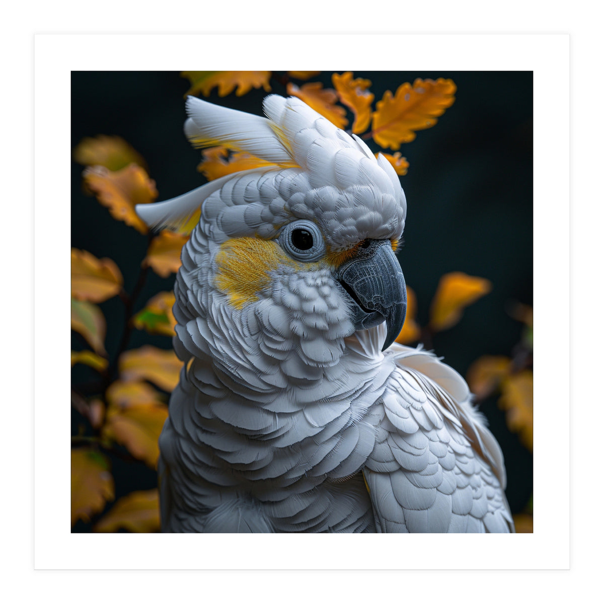 Yellow Crested Cockatoo Portrait Autumn Leaves Dark (Print Only)
