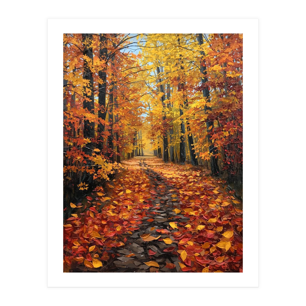Sun-Drenched Golden Forest Path with Vibrant Autumn Foliage (Print Only)