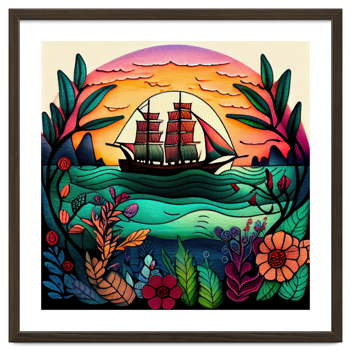 Folk Sunset Sailing Ship