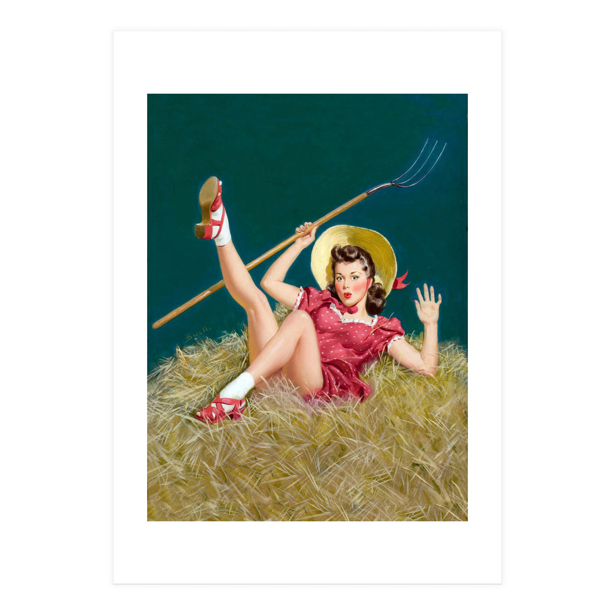 Pinup Sexy Girl Posing On A Hay With A Pitchfork (Print Only)