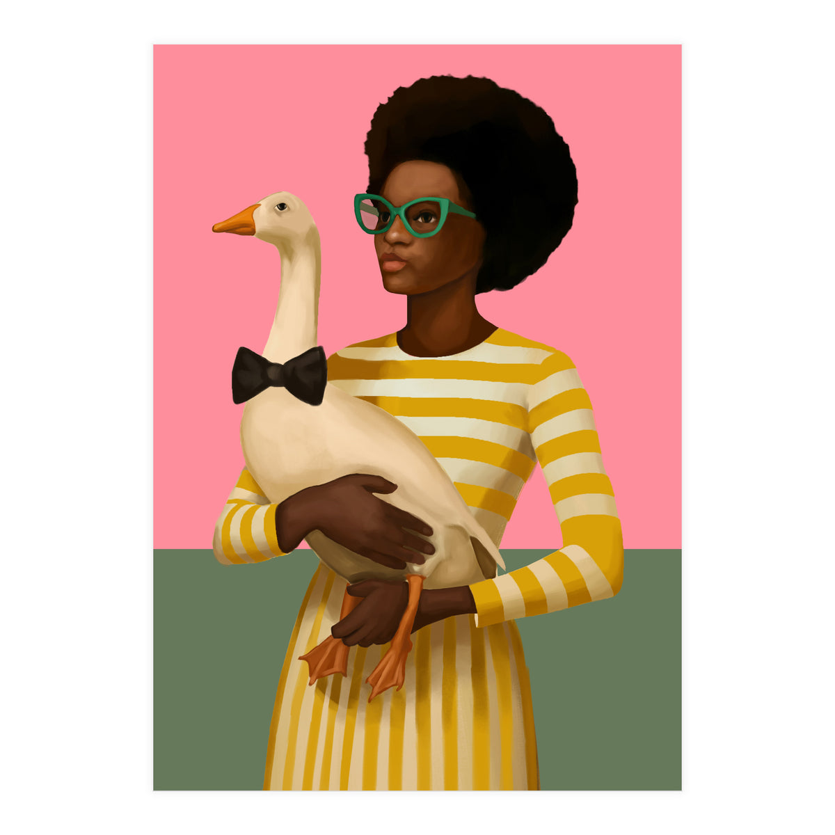 Stylish Woman Holding Goose In Striped Dress (Print Only)