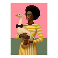 Stylish Woman Holding Goose In Striped Dress (Print Only)
