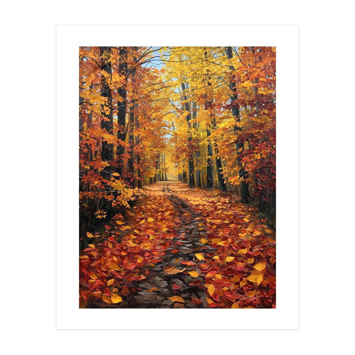 Sun-Drenched Golden Forest Path with Vibrant Autumn Foliage (Print Only)