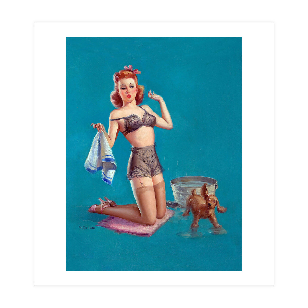 Pinup Girl Bathing A Dog (Print Only)