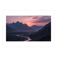 Crimson Sunset Valley: Serene Mountain Vista (Print Only)